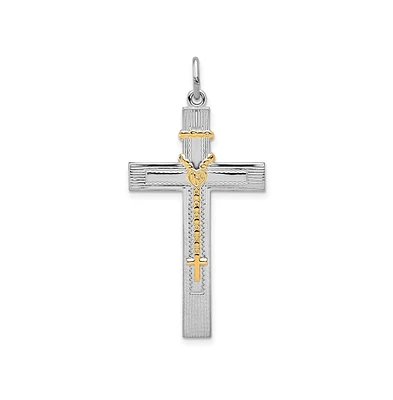 Sterling Silver Rhodium-plated Gold-tone Rosary on Cross Pendant