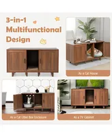 Sugift 2 Doors Cat Litter Box Enclosure with Winding Entry and Scratching Board