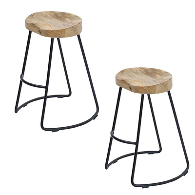 Simplie Fun 30 Inch Mango Wood Industrial Barstool, Saddle Seat, Iron Frame, Set Of 2, Brown, Black