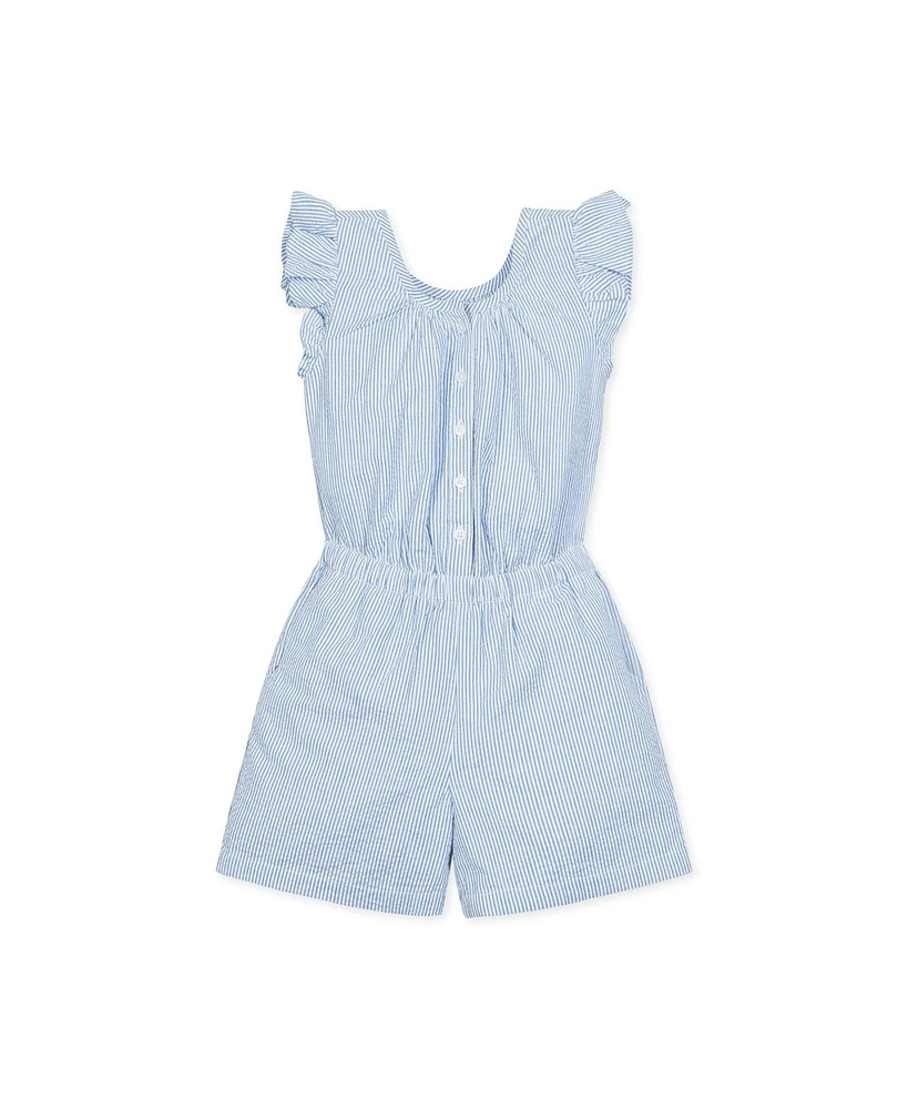 Hope & Henry Girls' Flutter Sleeve Button Front Seersucker Romper, Kids