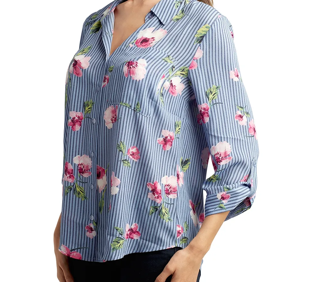Bcx Juniors' Floral Button-Front Roll-Sleeve Blouse