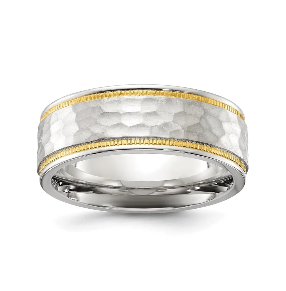 Chisel Stainless Steel Brushed Hammered Yellow Ip-plated Band Ring