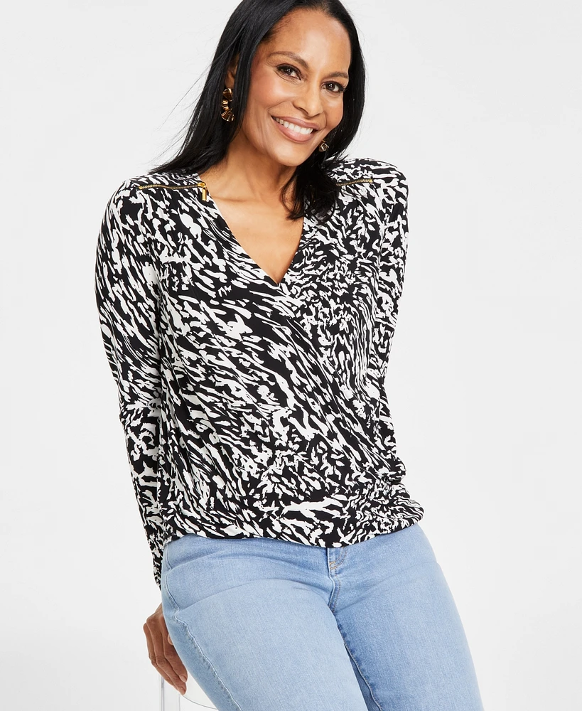 I.n.c. International Concepts Women's Printed Shoulder-Zip Surplice-Neck Top, Created for Macy's