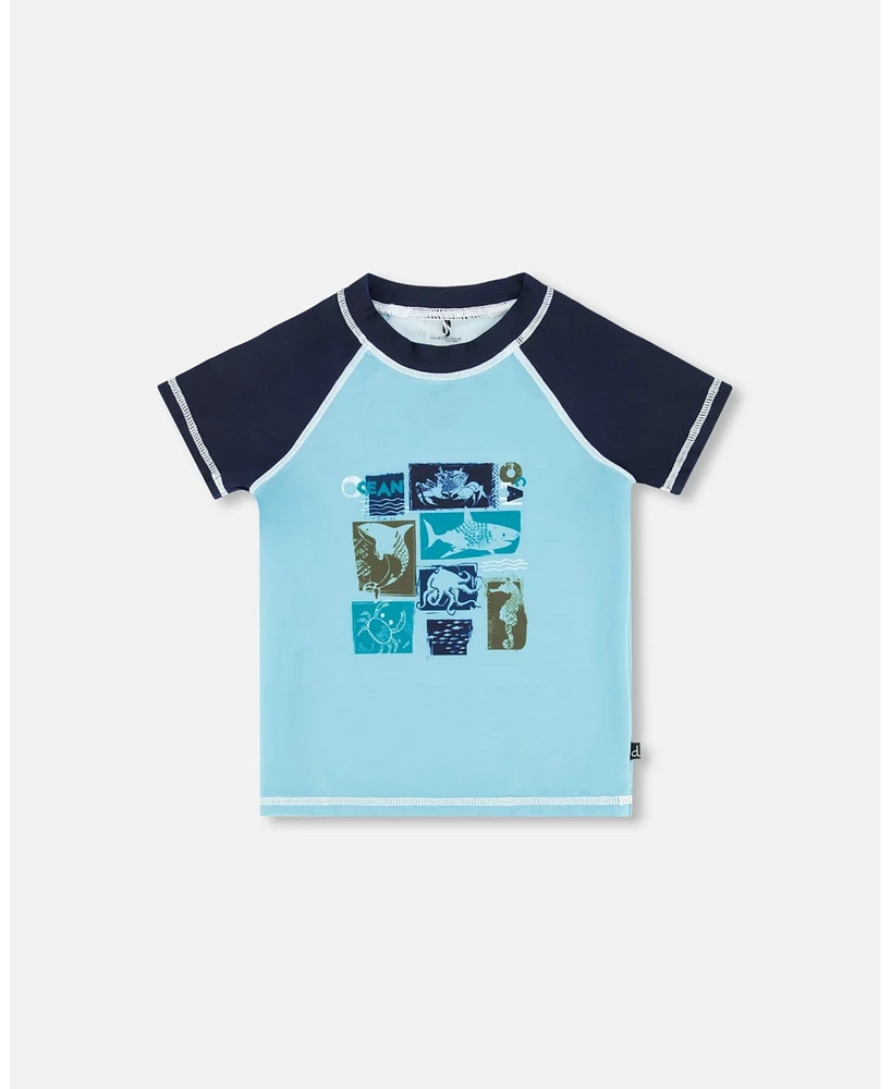 Boy Short Sleeve Rash guard With Printed Fish Navy - Toddler Child