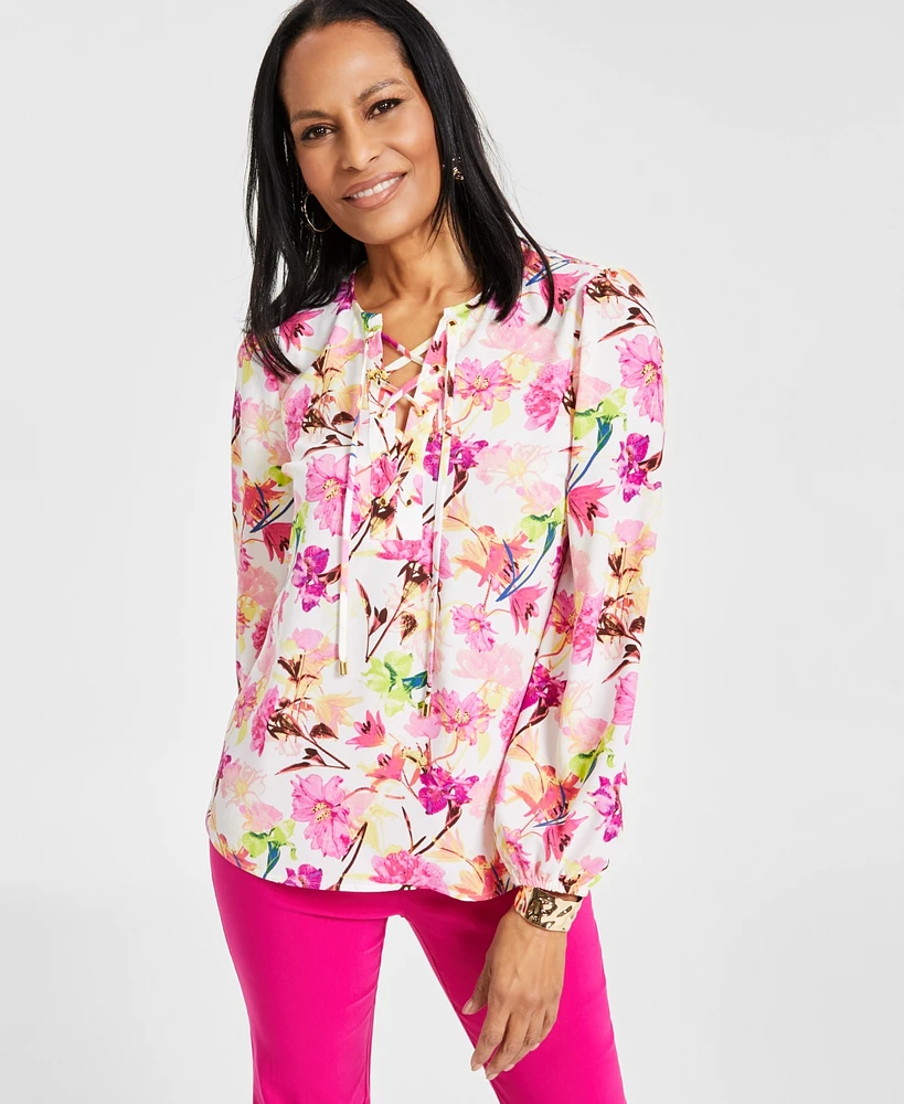 I.n.c. International Concepts Women's Printed Lace-Up Blouse, Created for Macy's