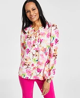 I.n.c. International Concepts Women's Printed Lace-Up Blouse, Created for Macy's