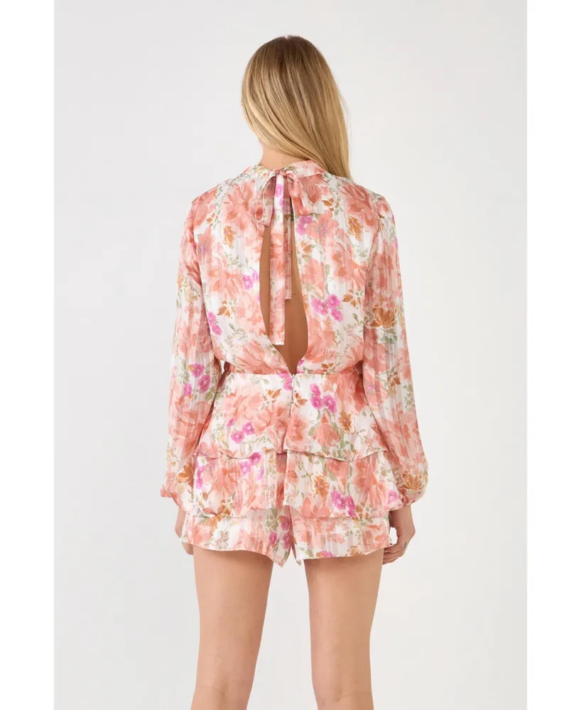 Women's Water Color Floral Open Back Romper