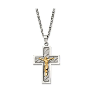 Chisel Grey Carbon Fiber Inlay Crucifix Pendant Curb Chain Necklace