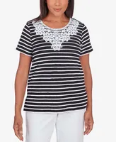 Alfred Dunner Women's Classic Neutrals Lace Neck Striped Split Hem T-shirt