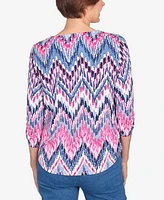 Alfred Dunner Women's Classic Puff Print Ikat Chevron Split Neck Top