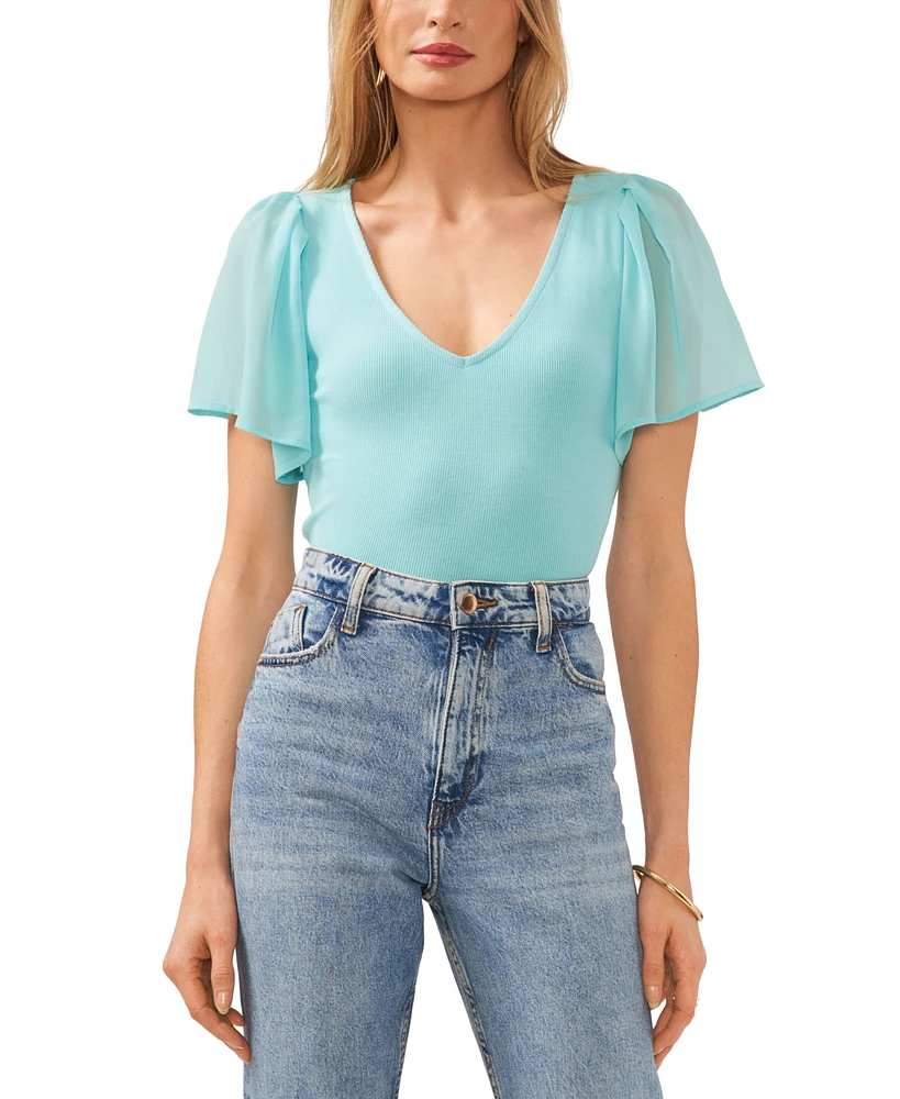 1.state Women's Flutter Short Sleeve V-Neck Knit Top