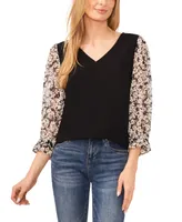 CeCe Women's Floral V-Neck Mix-Media 3/4-Sleeve Knit Top