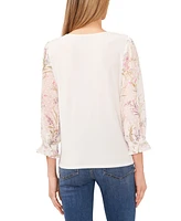 CeCe Women's Floral V-Neck Mix Media 3/4-Sleeve Knit Top