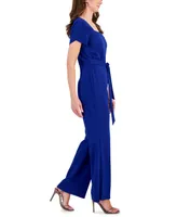 Connected Women's Petal-Sleeve Tie-Waist Square-Neck Jumpsuit