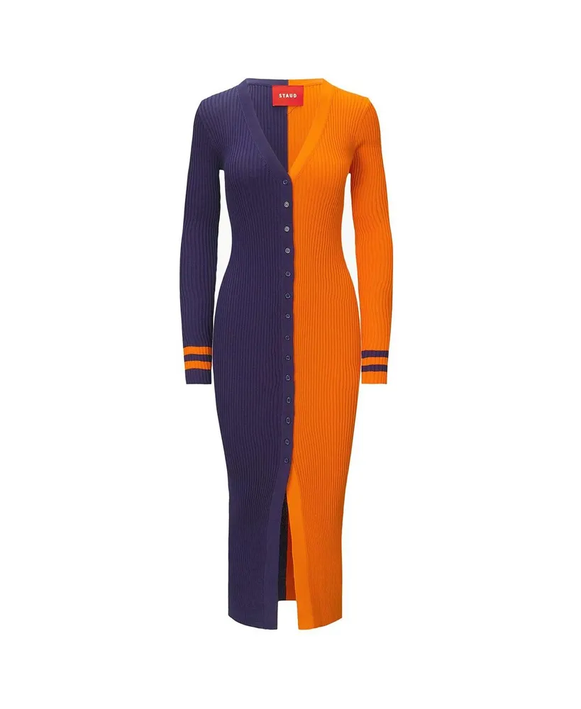 Women's Staud Navy, Orange Chicago Bears Shoko Knit Button-Up Sweater Dress