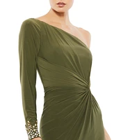 Women's One Sleeve Beaded Cuff Side Twist Gown