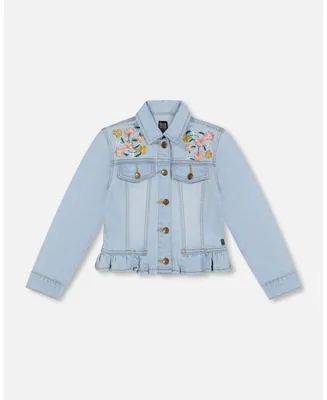 Girl Jean Jacket With Embroidery Light Blue Denim - Child