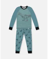 Boy Organic Cotton Long Sleeve Two Piece Pajama Set Teal With Mechanical Dinosaurs Print