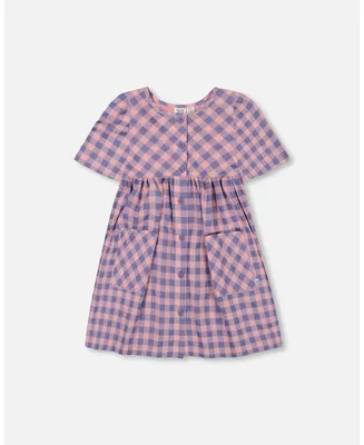 Girl Button Front Dress With Pockets Plaid Pink And Blue
