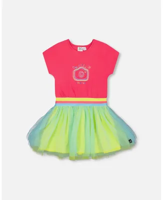 Girl Bi-Material Dress With Mesh Skirt Fuchsia Pink