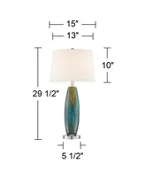 Azure Modern Table Lamps 29.5" Tall Set of 2 Handcrafted Blue Brown Art Glass White Fabric Drum Shade Decor for Living Room Bedroom House Bedside Nigh