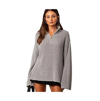 Edikted Women's Oversized Quarter Zip High Neck Rib Sweater - Gray