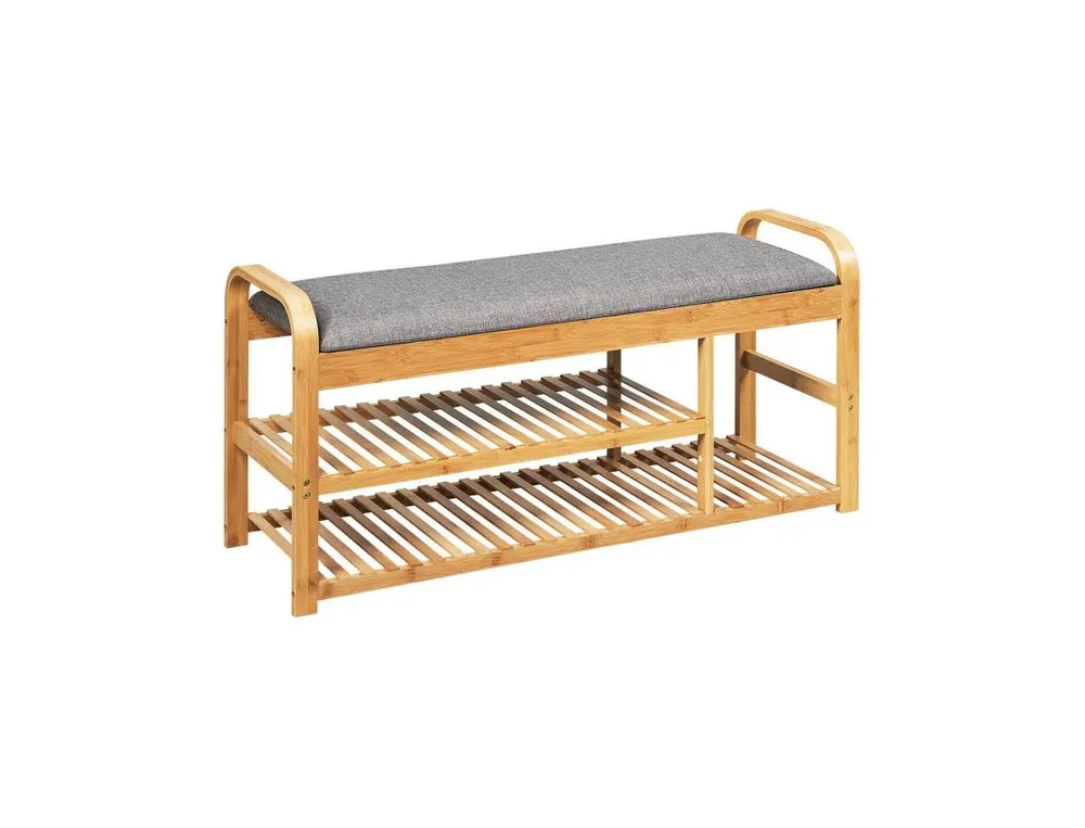 3-Tier Bamboo Shoe Rack Bench with Cushion-Natural