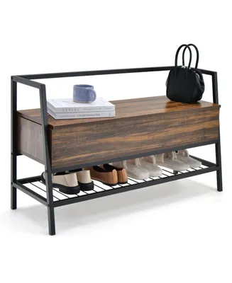 Industrial Shoe Bench with Storage Space and Metal Handrail-Rustic Brown