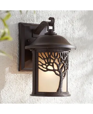 Rustic Mission Outdoor Wall Light Sconce Fixture Bronze Tree Motif 12 1/4" Amber Glass Lantern Decor Exterior House Porch Patio Outside Deck Garage Ya