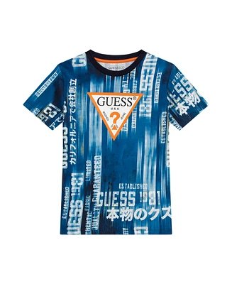 Guess Big Boys Cotton Short Sleeve All Over Print with Screen Logo T-shirt