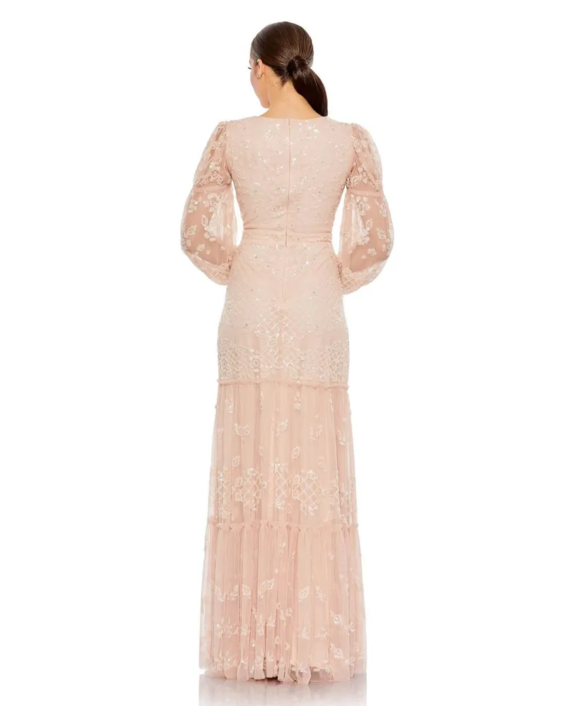 Women's Sequined Tiered Wrap Over Puff Sleeve Gown