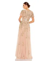 Women's Embellished Butterfly Sleeve High Neck Gown