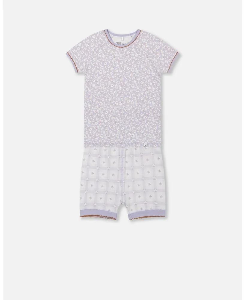 Girl Organic Cotton Two Piece Pajama Set Lilac Printed Little Flowers - Child