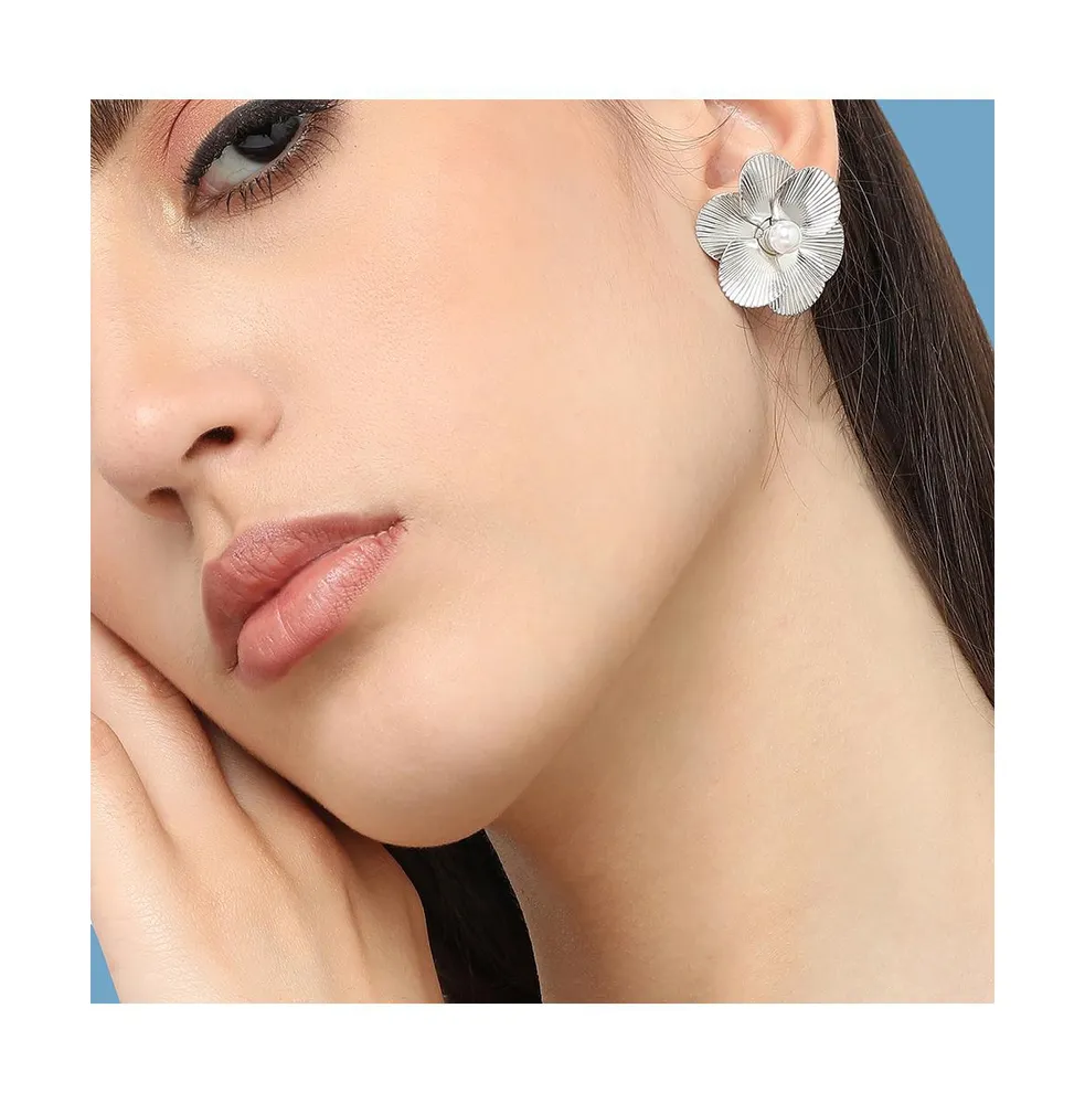 Sohi Women's Silver Metallic Stud Earrings