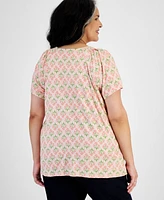 Style & Co Plus Printed Pleat-Neck Top, Created for Macy's