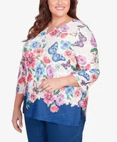 Alfred Dunner Plus Full Bloom Floral Butterfly Border Split Neck Top