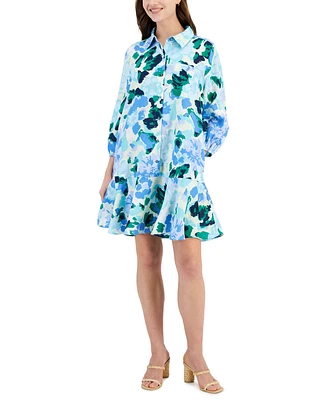 Charter Club Women's Floral-Print 100% Linen Flounce Dress, Created for Macy's