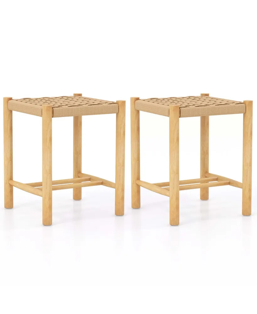 Dining Stool Set of 2 18'' Backless with Rubber Wood Frame Woven Paper Seat Kitchen