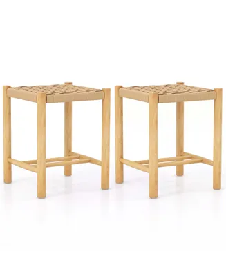Dining Stool Set of 2 18'' Backless with Rubber Wood Frame Woven Paper Seat Kitchen