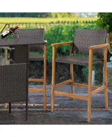 2PCS Patio Pe Wicker Bar Chairs Height Barstools with Acacia Wood Armrests