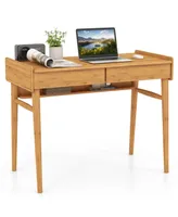 Bamboo Writing Desk 39.5'' Computer Study Desk with 2 Storage Drawers & Open Shelf