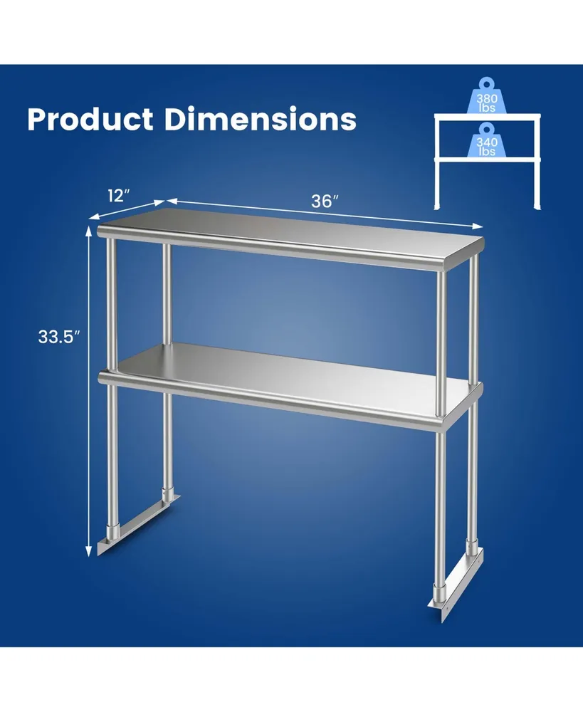 36'' 2-Tier Over shelf for Prep & Worktable Stainless Steel Adjustable Lower Shelf