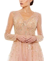 Women's Embellished V Neck Long Sleeve A Line Gown