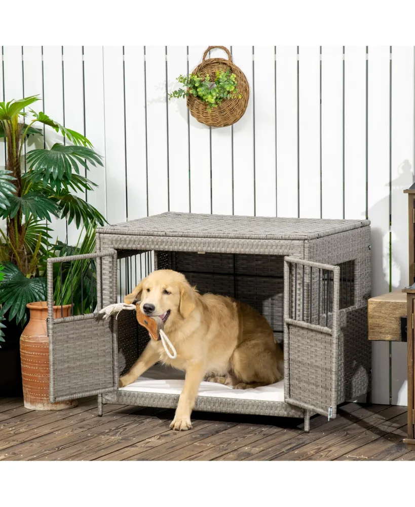PawHut Dog Crate Furniture Wire Pet Cage Wooden Dog Kennel, End Table with  Double Doors, and Locks, for Medium and Large Dog House Indoor Use, gray