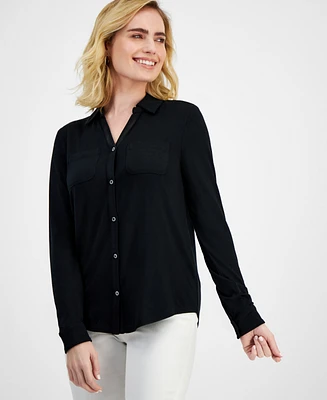 Style & Co Petite Button-Front Long-Sleeve Knit Shirt, Created for Macy's