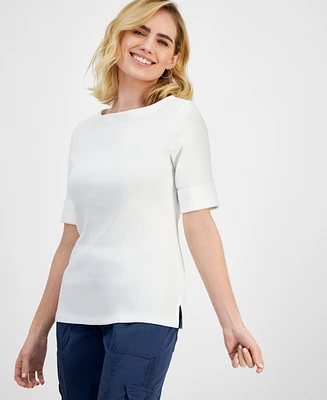 Style & Co Petite Cotton Elbow-Sleeve Boat-Neck Top, Created for Macy's