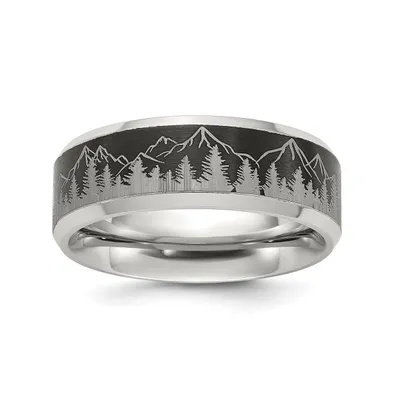 Chisel Stainless Steel Brushed with Laser Design Mountains Band Ring
