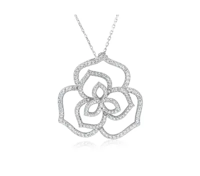 Suzy Levian Sterling Silver Cubic Zirconia Open Wild Flower Pendant Necklace