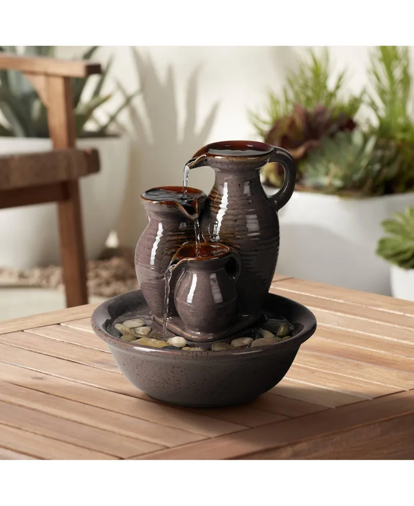 Triple Jug Zen Indoor Cascading Small Tabletop Water Fountain Chocolate Speckle Ceramic Real River Rock 9" for Table Desk