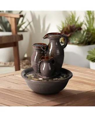 Triple Jug Zen Indoor Cascading Small Tabletop Water Fountain Chocolate Speckle Ceramic Real River Rock 9" for Table Desk